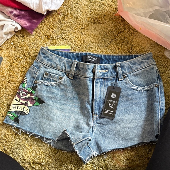 Ed Hardy Pants - Ed Hardy shorts Embroidered Denim Cutoff Shorts - Blue